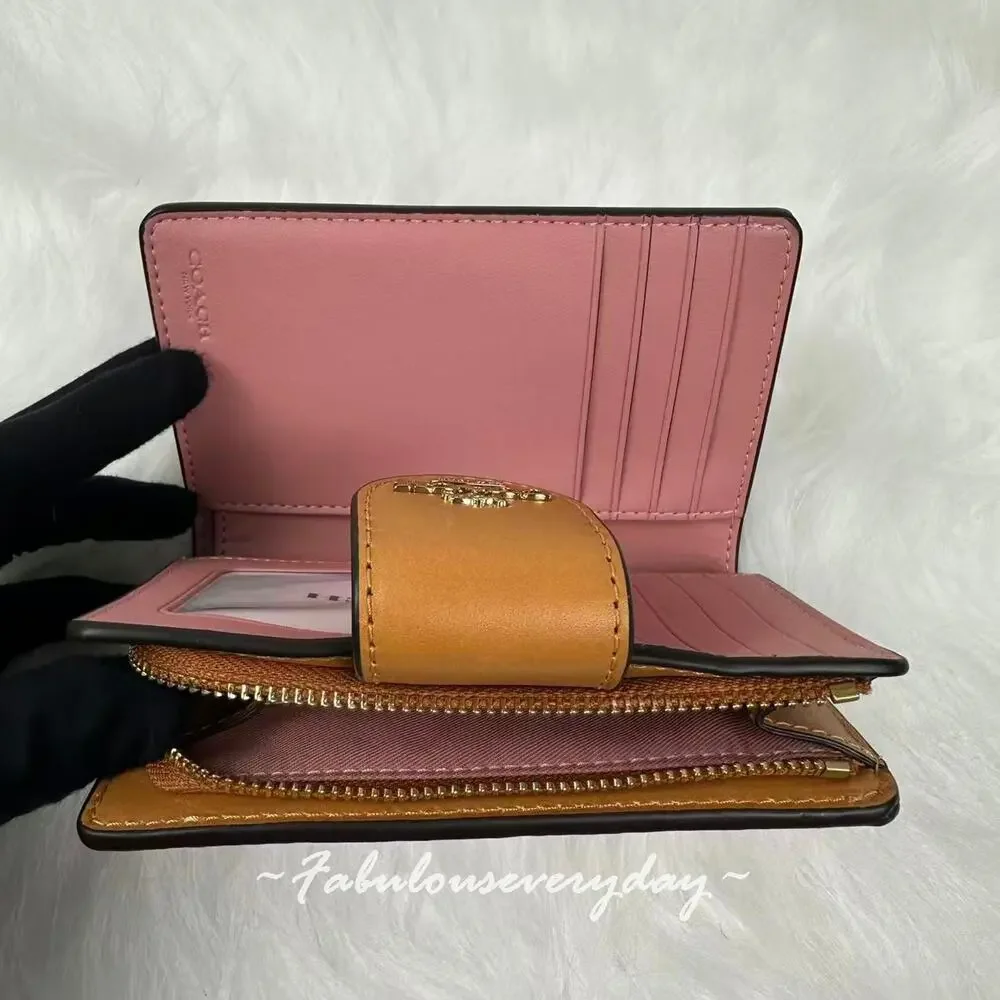 Coach Medium Corner Zip Wallet In Signature Canvas Gold/Powder Pink CEC29 NWT